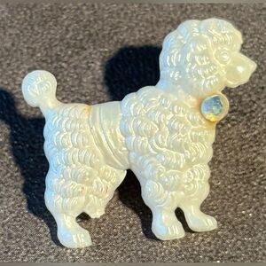 Vintage Small White Plastic Poodle Dog with Tiny Rhinestone Accent